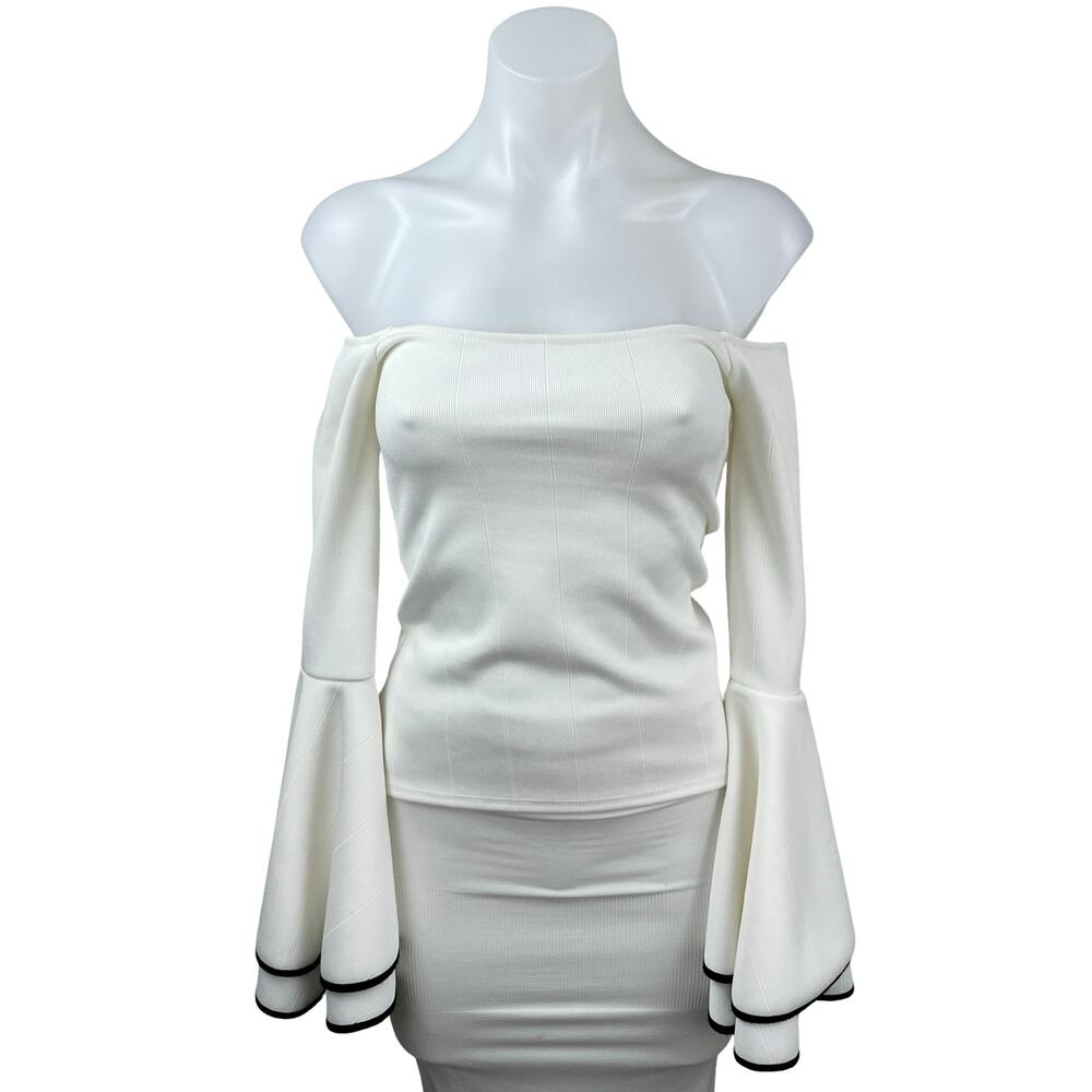 Bar III Women's White Ribbed Off Shoulder Long Bell Sleeve Crop Blouse Top XXS